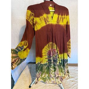 Cotton Tie Dye Tunic Dress Womens Large Boho India Festival Pleated